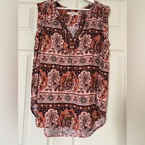 LOFT Sleeveless Paisley-Print V-Neck Tunic - Pink & Orange Size L